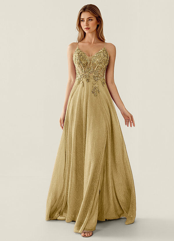 Zahara Gold V-neck Lace Corset A-line Prom Dress image1