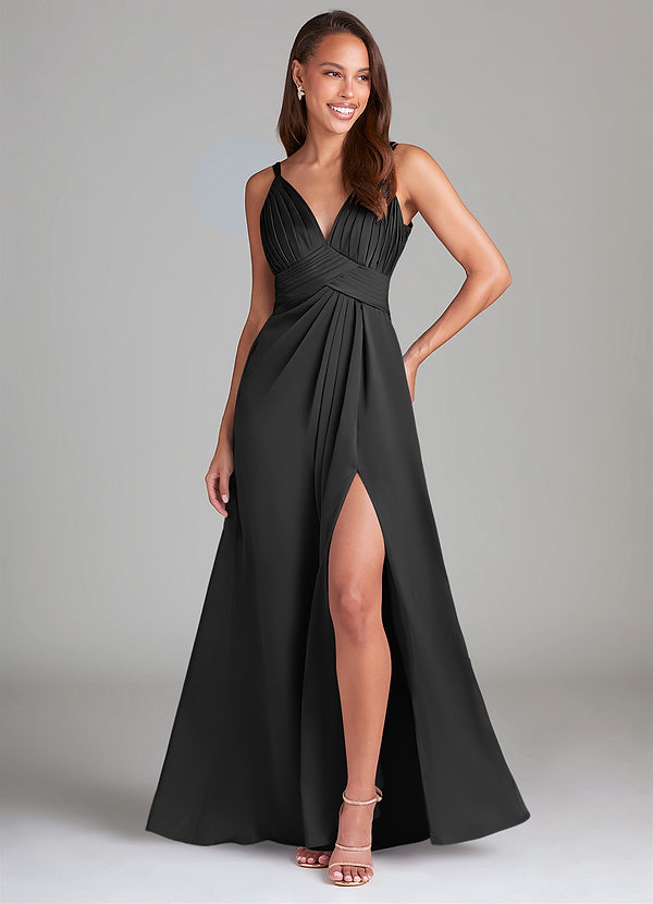 Azazie Maren Allure Bridesmaid Dresses Black A-Line Lace Stretch Satin Dress image1