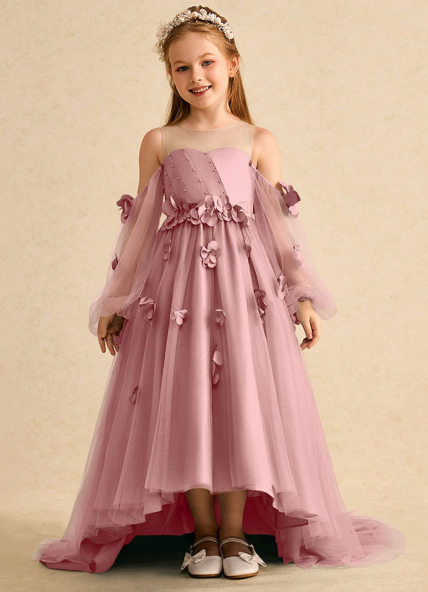 Azazie Karrie Flower Girl Dresses Dusty Rose A-Line with Sleeves Tulle Dress image1