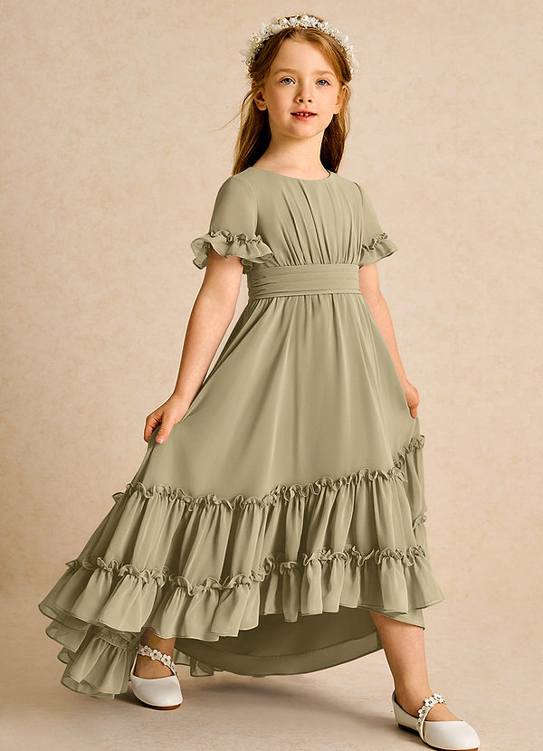 Azazie Kass Flower Girl Dresses Moss Green A-Line Pleated Chiffon Dress image1