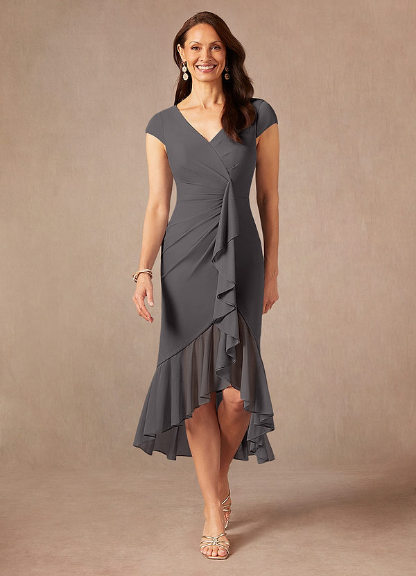 Azazie Renetta Mother of the Brides Dresses Steel Grey Sheath V-Neck Pleated Mesh Dress image1