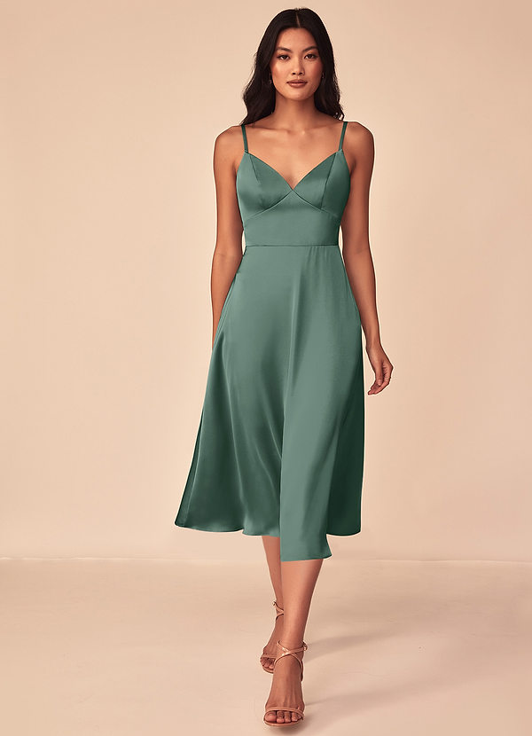 Azazie Dottie Robes Demoiselle d'honneur Robe Trapèze en Satin extensible Eucalyptus image1