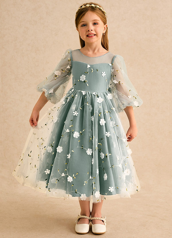 Azazie Elowen Flower Girl Dresses Eucalyptus A-Line Sweetheart Neckline Lace Dress image1