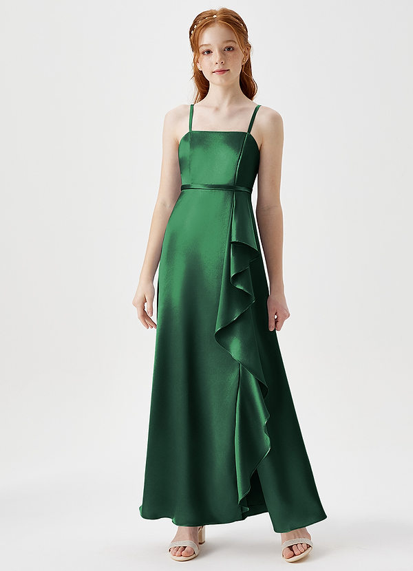 Azazie Kaylee Junior Robe Trapèze en Satiné métallisé avec ceinture Vert Foncé image1