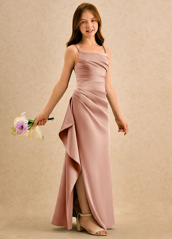 Azazie Cannoli Girls Formal Vestidos de Niña de Flores Vestido de Oro Rosa de Satén Elástico de Corte en A con Plisado image1