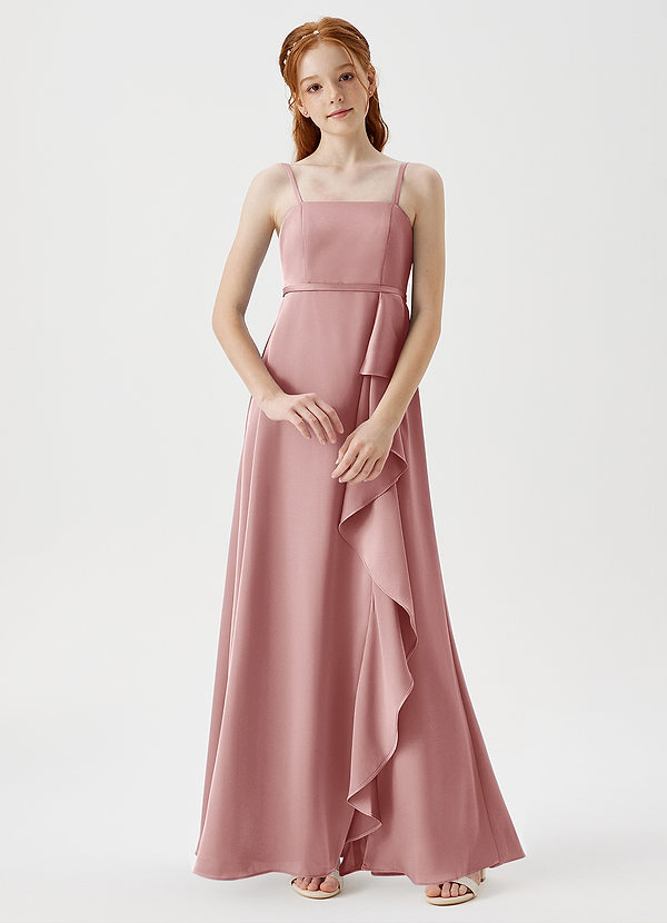 Azazie Kaylee Junior Robe Trapèze en Satin extensible avec ceinture Rose Poussiéreuse image1