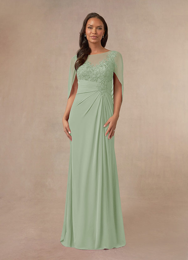 Azazie Hera Mother of the Bride Dresses Dusty Sage A-Line Lace Capelet Chiffon Dress image1