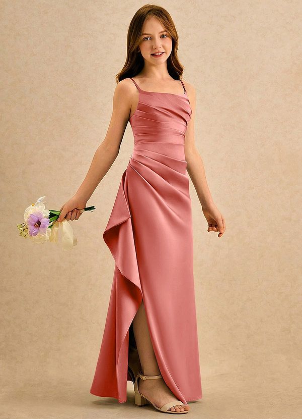 Azazie Cannoli Girls Formal Sukienki dla dziewczynek sypiących kwiaty Linia A Pofałdowany Matowy satynowy Długość podłogi Sukienka image1