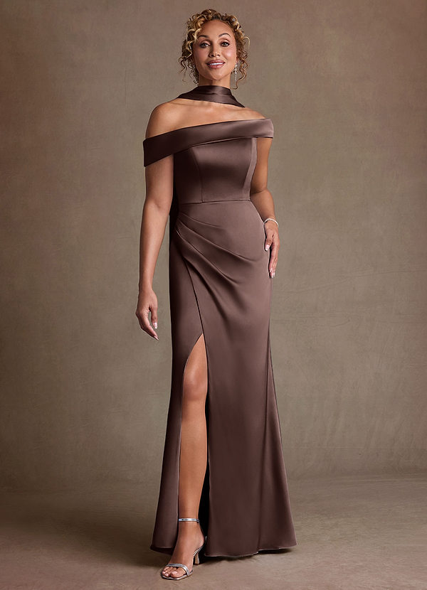 Azazie Kamala Mother of the Brides Dresses Ganache Sheath One Shoulder Stretch Satin Dress image1