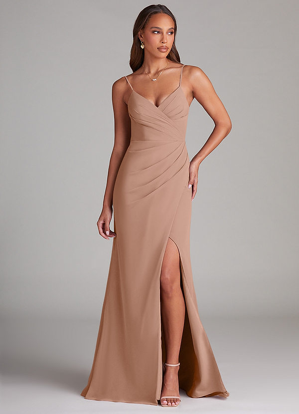 Azazie Maci Bruidsmeisjes Jurken Jurk van Chiffon met Kolom Geplooid Champagne Roos image1