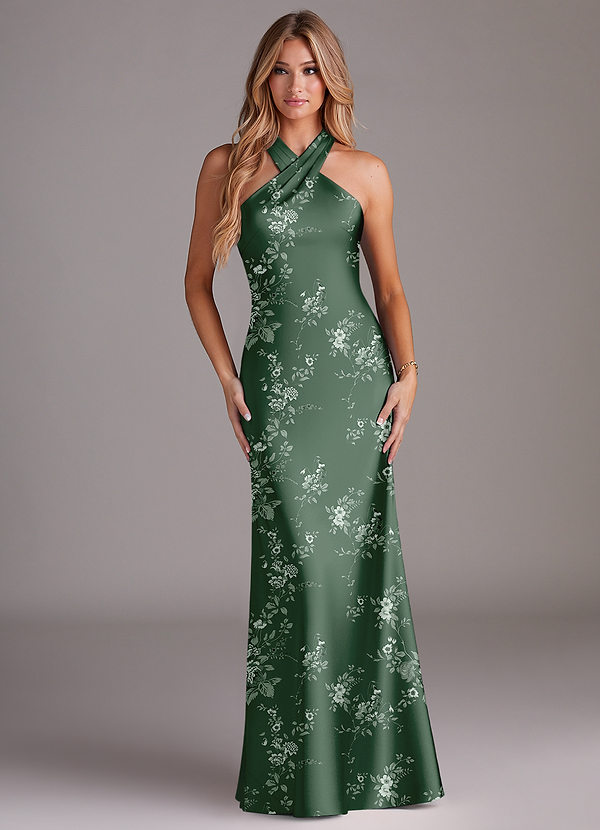 Azazie Doretta Bridesmaid Dresses Eucalyptus Garden Floral Mermaid Pleated Stretch Satin Dress image1