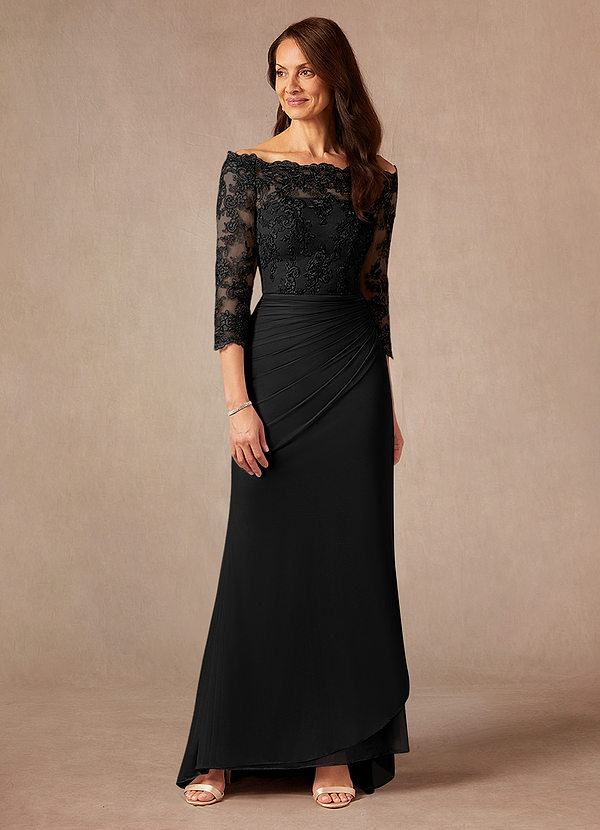 Azazie Rhonda Mother of the Brides Dresses Black Mermaid Off the Shoulder Mesh Dress image1