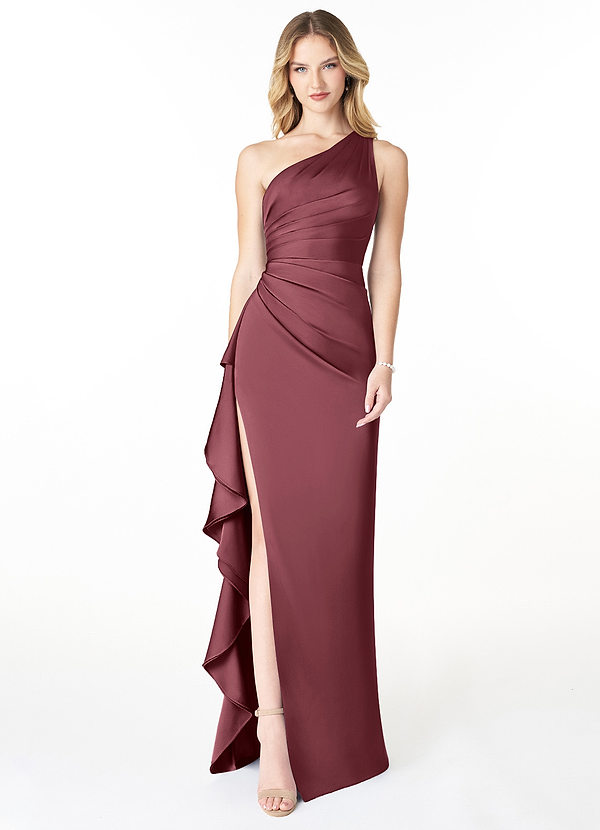 Azazie Latrice Bridesmaid Dresses Desert Rose Sheath One Shoulder Cascading Ruffles Stretch Satin Dress image1