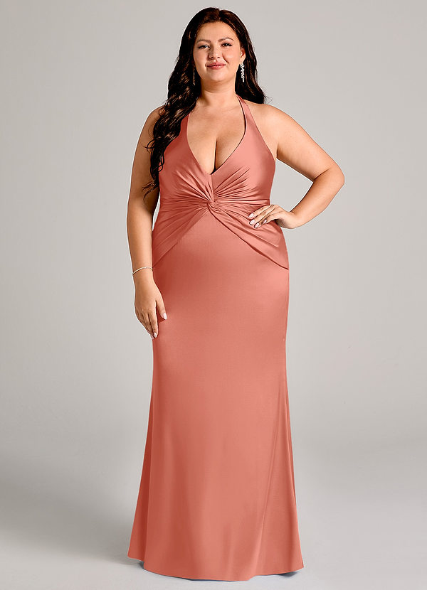 Azazie Valerie Bridesmaid Dresses Salmon Pink Mermaid Pleated Stretch Satin Dress image1