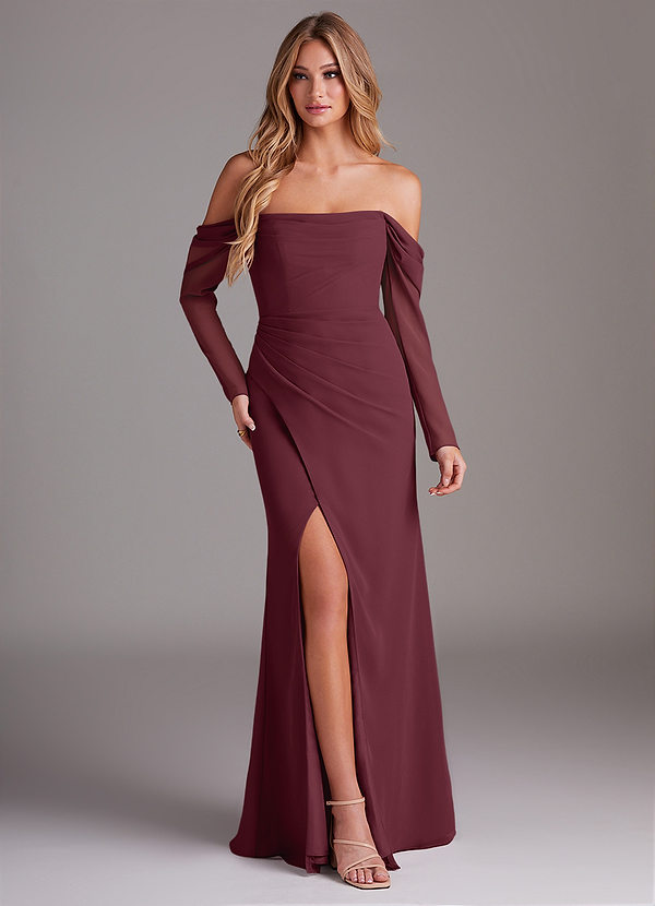 Azazie Hallie Abiti da Damigella Abito Sirena in Chiffon Manica Lunga Cabernet image1