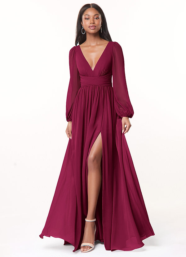 Azazie Norah Robes de demoiselle d'honneur Robe Trapèze en Mousseline de soie Col en V, manches longues Bourgogne image1