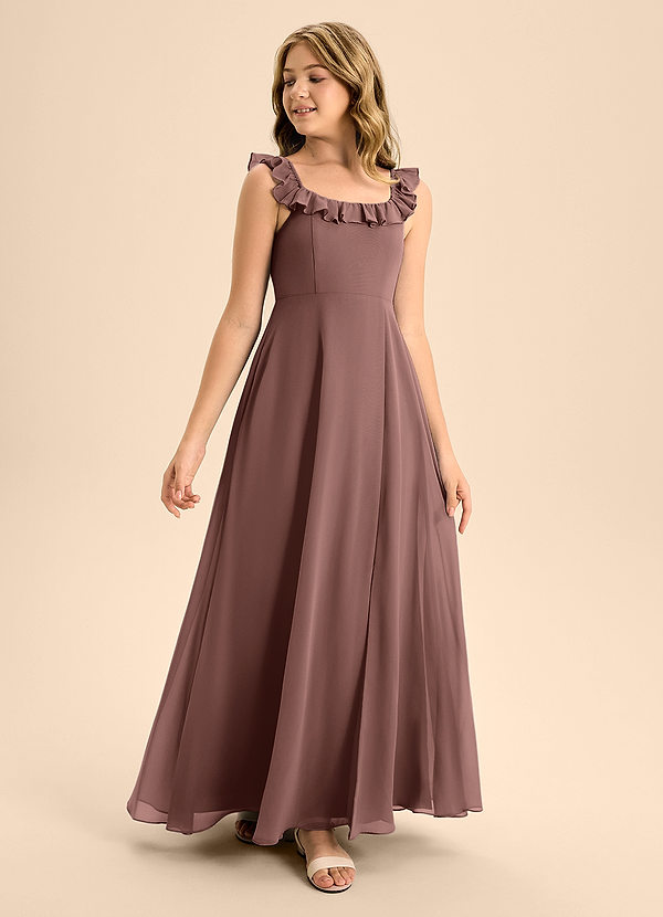 Azazie Callie Junior Abito A-Line in Chiffon Increspato Espresso image1