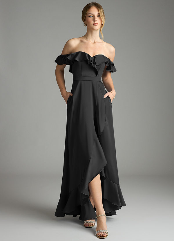 Azazie Lyra Bridesmaid Dresses Black A-Line Off the Shoulder Stretch Satin Convertible Dress image1