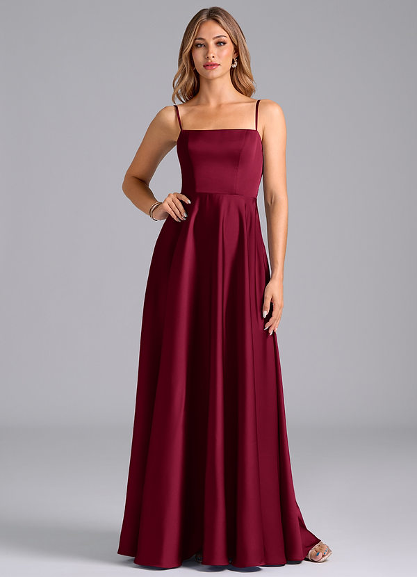 Azazie Elita Bridesmaid Dresses Burgundy A-Line Pleated Stretch Satin Dress image1