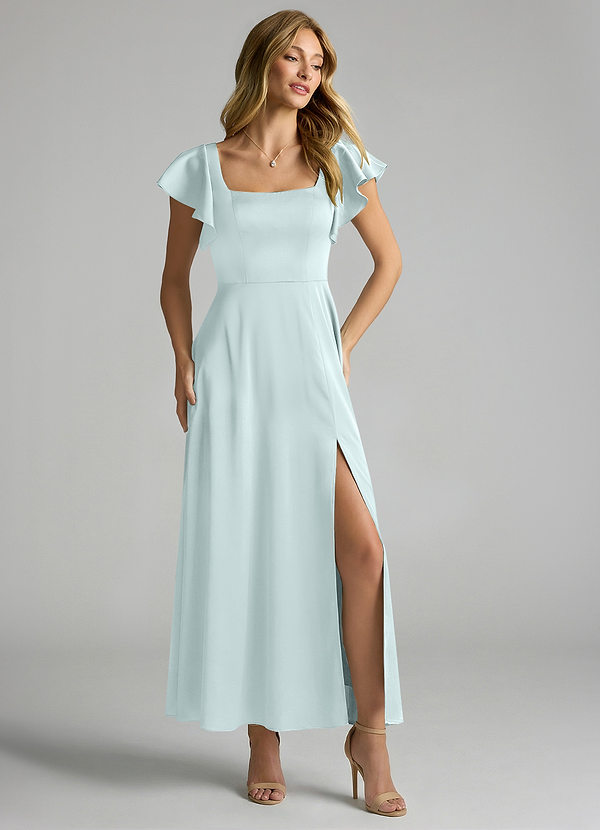 Azazie Bondi Bridesmaid Dresses Vestido Vidro Marinho de Cetim elástico de Linha A com Ruched image1