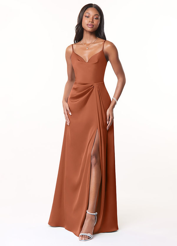 Azazie Brielle Bridesmaid Dresses A-Line Cowl Spaghetti Straps Stretch Satin Floor-Length Dress image1