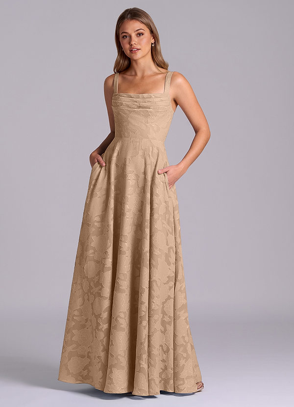 Azazie Shaude 신부 들러리 드레스 A라인 주름진 플로럴 번아웃 바닥 길이 드레스 image1