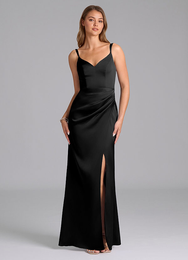Azazie Leo Bridesmaid Dresses Black Sheath Pleated Stretch Satin Dress image1