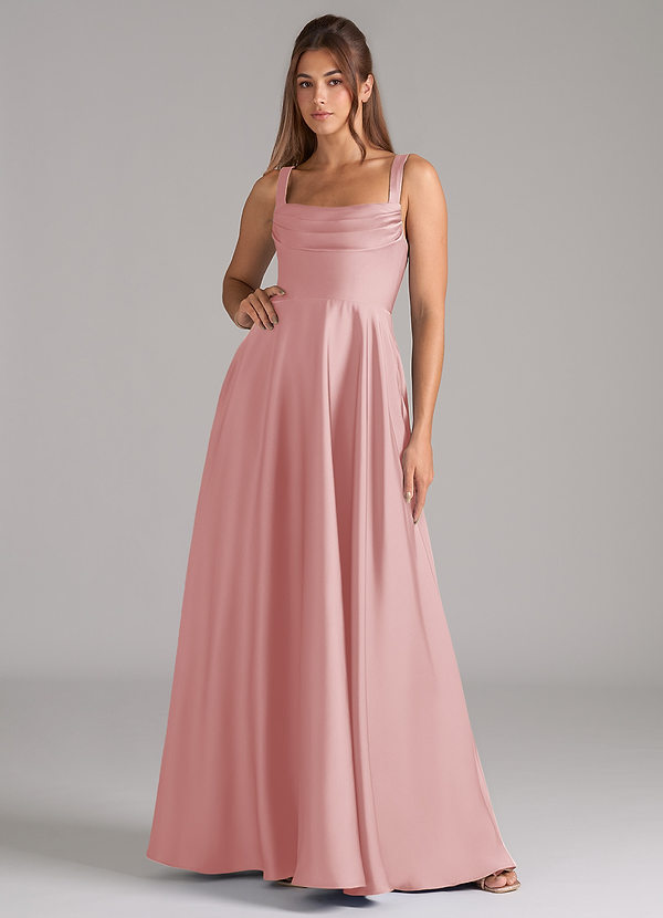 Azazie Shaude Bridesmaid Dresses Powder Pink A-Line Pleated Stretch Satin Dress image1