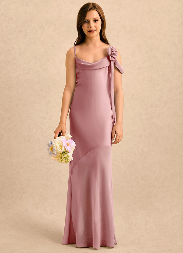 Azazie Kai Girls Formal Sukienki dla Dziewczynki Sypiącej Kwiaty Osłona Pofałdowany Satyna elastyczna Długość podłogi Sukienka image1