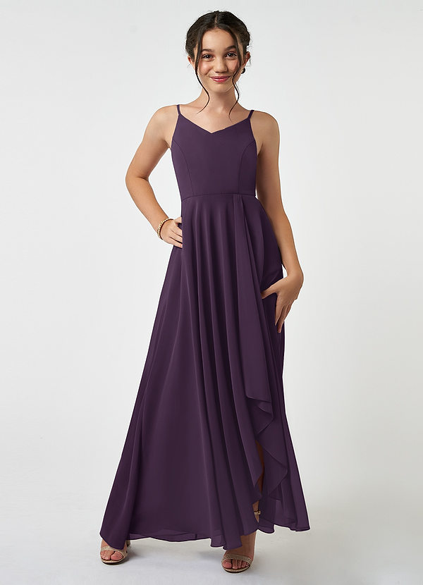Azazie Collette Junior A-Linie Gestreift Chiffon Kleid Pflaume image1