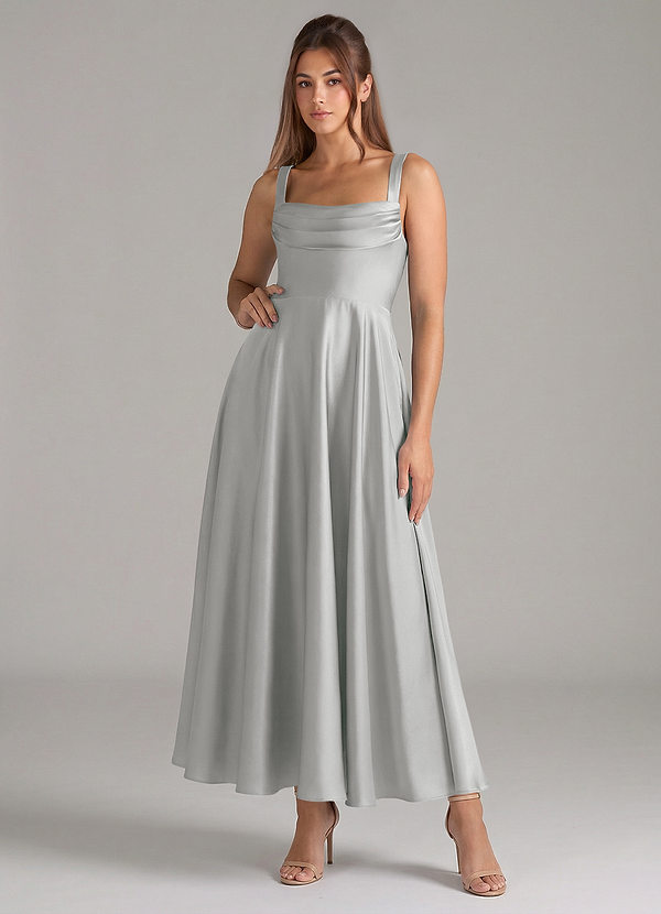 Azazie Shaude 신부 들러리 드레스 A라인 주름진 스트레치 새틴 발목 길이 드레스 image1