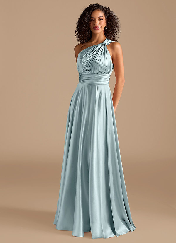 Azazie Charlize Bridesmaid Dresses Mist A-Line One Shoulder Metallic Satin Dress image1