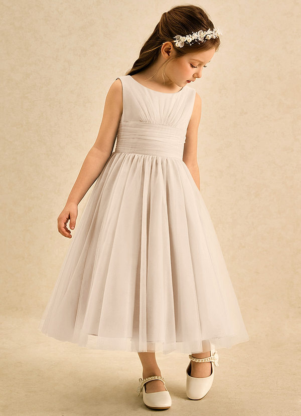 Azazie Macaron Robes de Fillette d'Honneur Robe Trapèze en Tulle Plissée Albâtre Blanc image1