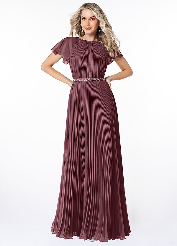 Azazie Kara Modest Bridesmaid Dresses A-Line Pleated Chiffon Floor-Length Dress image1
