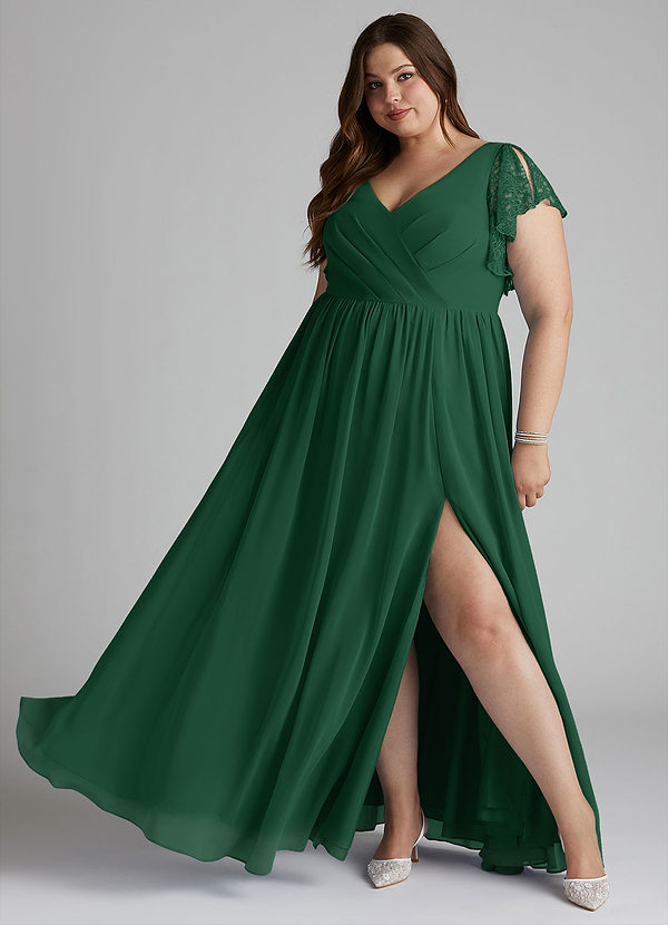 Azazie Zella Robes Demoiselle d'honneur Robe Trapèze en Mousseline de soie Dentelle Vert Foncé image1