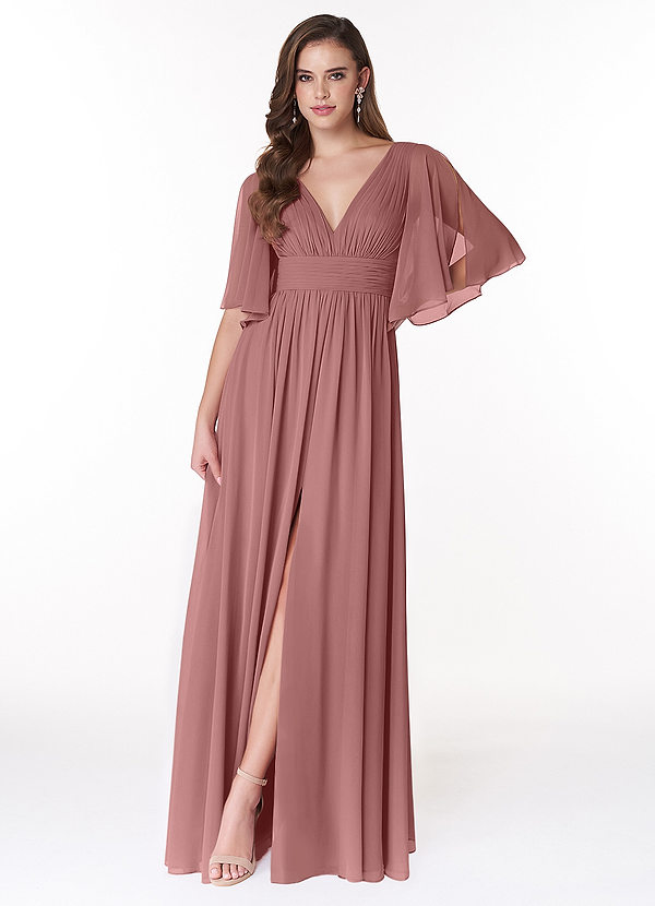 Azazie Temeka Vestidos Dama de Honor Vestido de Rosa Del Desierto de Gasa de Corte en A con Volante image1