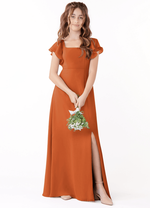 Azazie Bondi Junior Cinnamon A-Line Bow Chiffon Dress image1