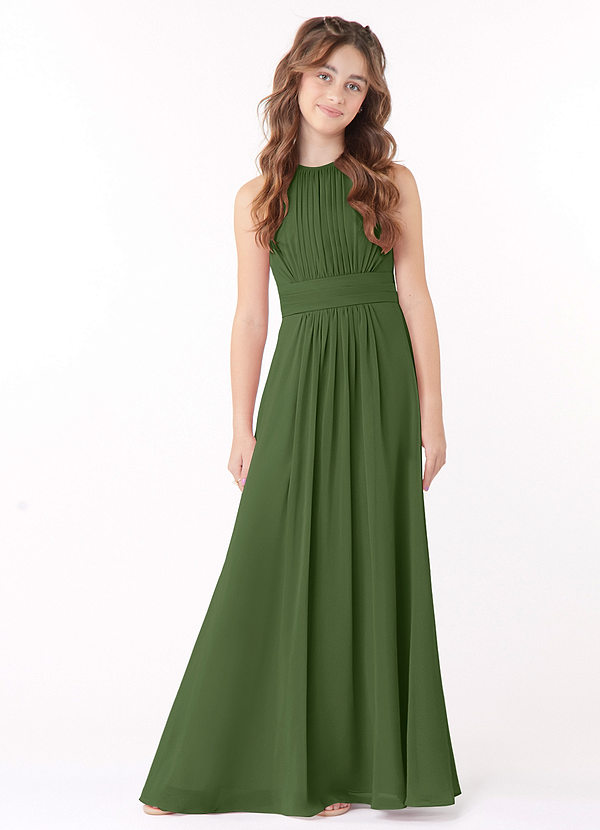 Azazie Bonnie Junior Olive A-Line Pleated Chiffon Dress image1