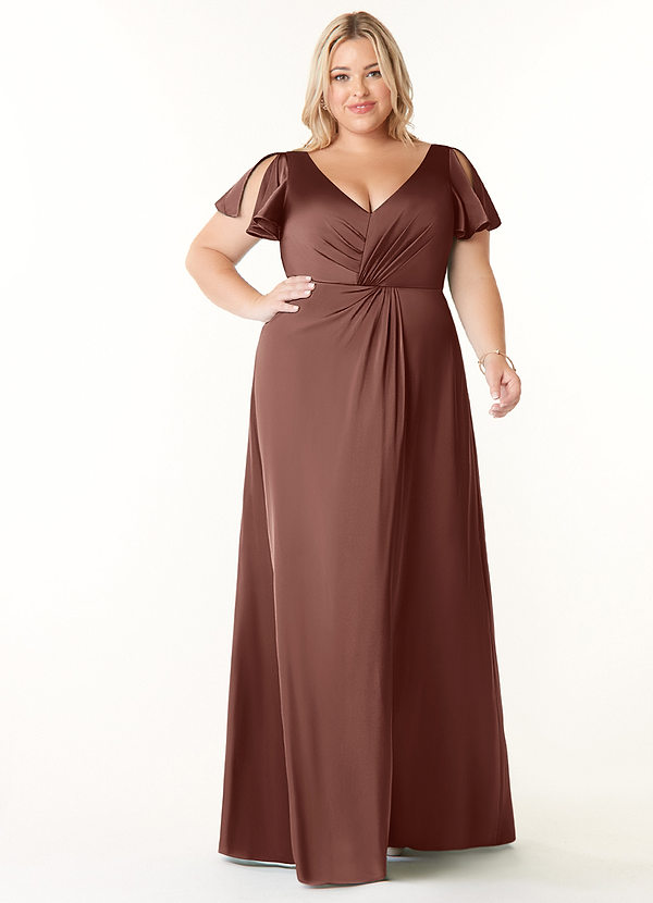 Azazie Soren Bridesmaid Dresses Espresso A-Line Pleated Stretch Satin Dress image1