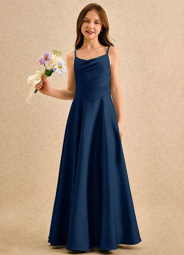 Azazie Coconut Girls Formal Blumenkinder Kleider A-Linie Plissee Stretch-Satin Kleid Dunkelmarine image1