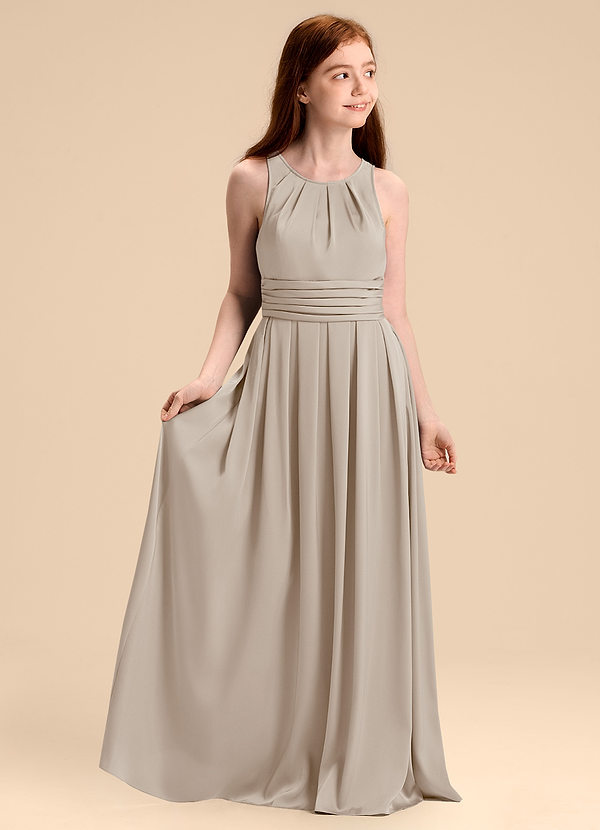 Azazie Bibiane Junior Abito A-Line in Raso Elasticizzato Plissettato Gelo image1