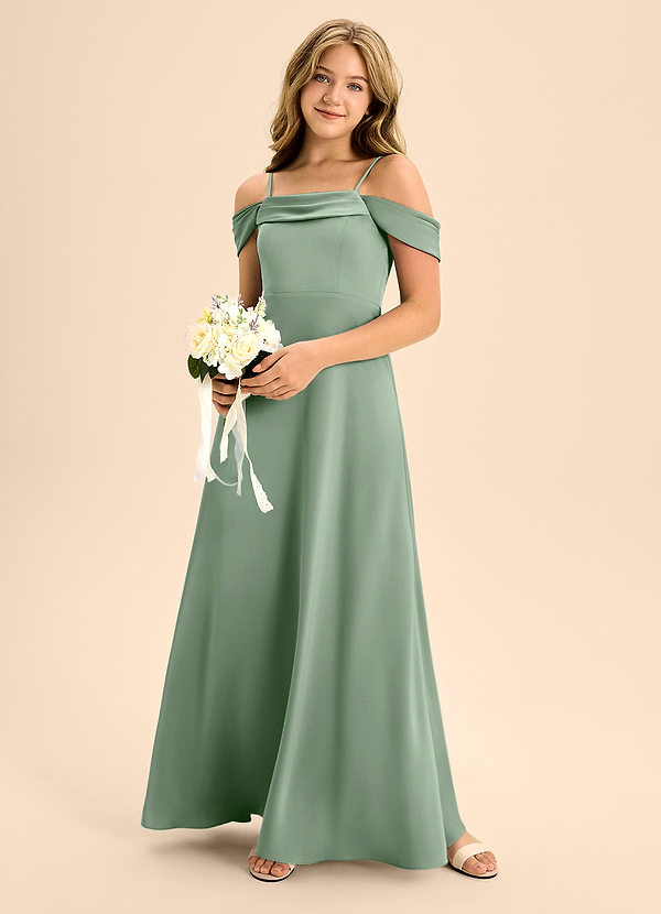 Azazie Anselie Junior Jurk van Stretch Satijn met A-Lijn Off the Shoulder Matcha image1