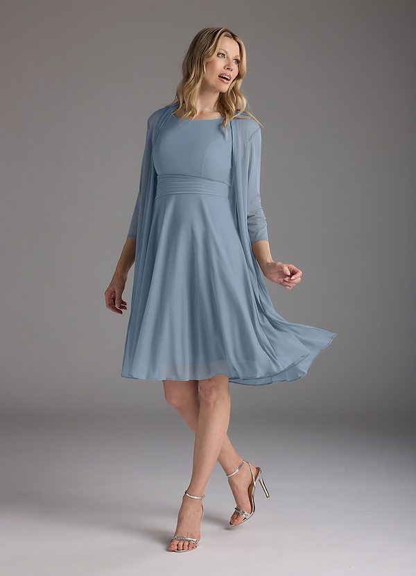 Azazie Sunny Robe Mère de la Mariée & du Marié Robe Trapèze en Maille Plissée Bleu Poussiéreux image1