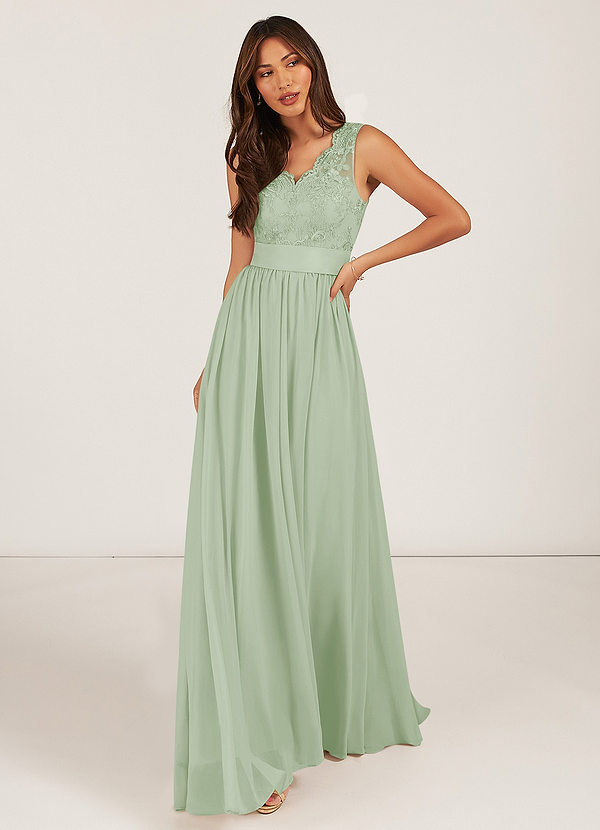 Azazie Gertrude Bridesmaid Dresses Dusty Sage A-Line Lace Chiffon Dress image1