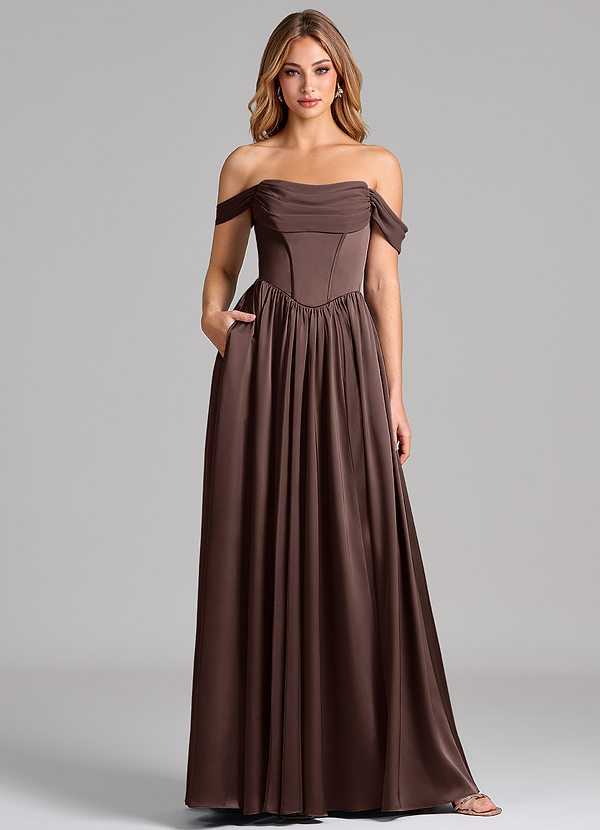 Azazie Raisa Bridesmaid Dresses Ganache A-Line Off the Shoulder Stretch Satin Dress image1