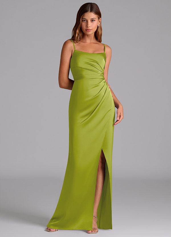 Azazie Calandra Suknie dla druhen Linia A Pofałdowany Satyna elastyczna Do ziemi Sukienka image1