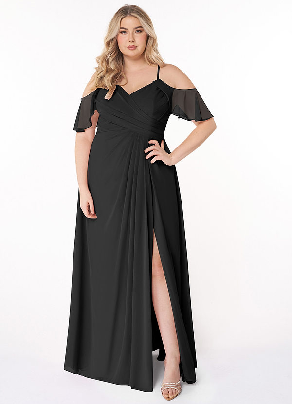 Azazie Dakota Bridesmaid Dresses Black A-Line V-Neck Pleated Chiffon Dress image1