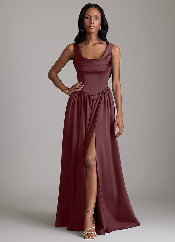 Azazie Novi Bridesmaid Dresses Sangria A-Line with Pockets Stretch Satin Dress image1