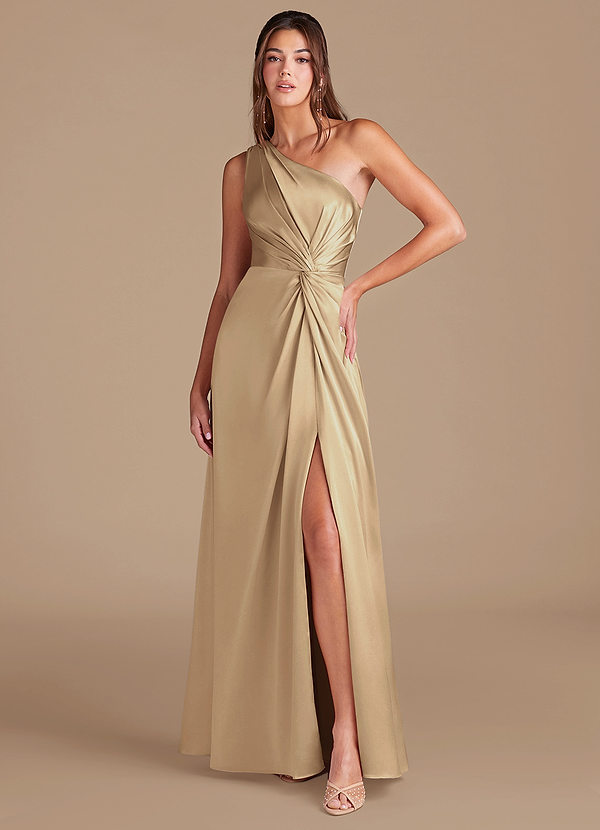 Azazie Brooke Bridesmaid Dresses Champagne A-Line One Shoulder Metallic Satin Dress image1