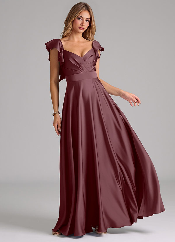 Azazie Leilani Bridesmaid Dresses Sangria A-Line Ruched Stretch Satin Dress image1